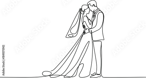 Couple Embracing in Wedding Attire Line bride groom