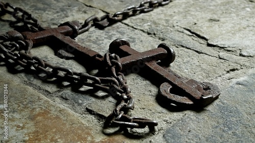 shackles. Rusted iron chains and broken manacles on a stone floor in dim light. public awareness campaigns, NGO reports, designed for public awareness campaigns and NGO communications.