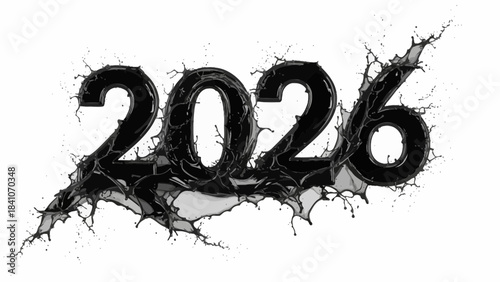 Dynamic black ink splash forming the year 2026 against a clean white background symbolizing future impact and energy