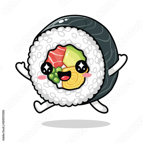 A happy sushi roll character is joyfully running with tiny arms and legs