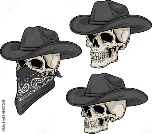 Cowboy skulls vector set, western hat, bandana mask, vintage outlaw drawing, death, danger, wild west symbol