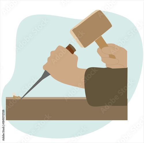 hands carving wood. Illustration of Hands Holding Hammer and Carving Knife for Wood Carving
