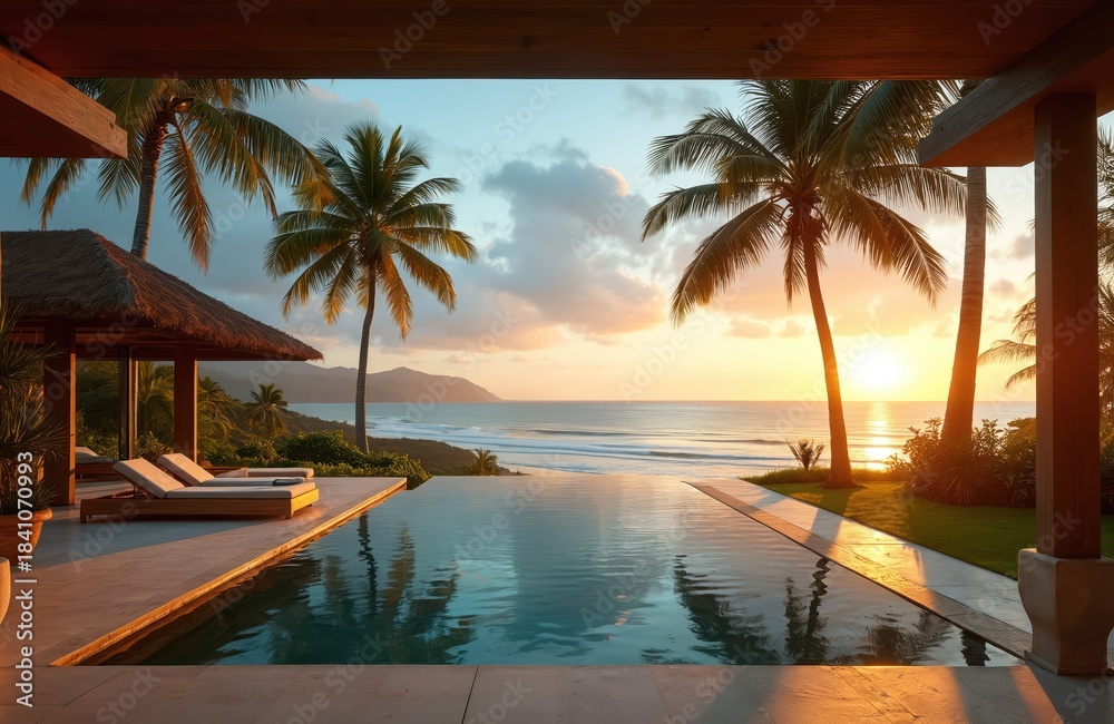 Fototapeta premium Luxury villa infinity pool overlooks ocean at sunset. Palm trees frame serene tropical beach view. Peaceful getaway vacation property offers amazing seaside panorama and relaxation.