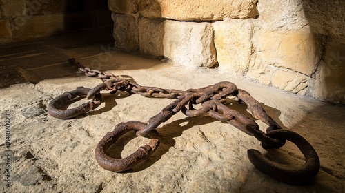 shackles. Rusted iron chains and broken manacles on a stone floor in dim light. public awareness campaigns, NGO reports, designed for public awareness campaigns and NGO communications.