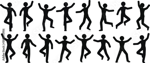 A collection of black stick figures performing a variety of balancing and active dynamic poses