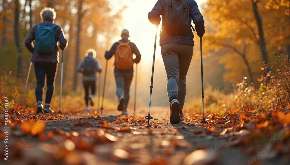 Fototapeta premium Elderly people walk with poles on a forest path in autumn. They wear backpacks and walk on a leaf-covered trail. Sun shines through trees, creating warm light.
