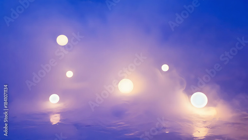 Abstract Glowing Orbs Floating in Purple Haze with Reflections