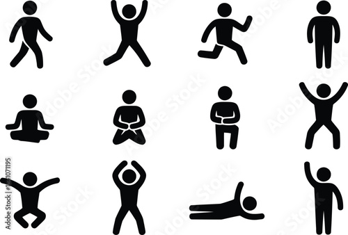 A collection of black stick figures performing various active and meditative poses on a white surface