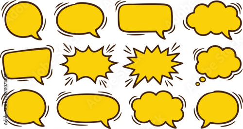 Assorted hand-drawn yellow speech bubbles and thought clouds with bold outlines, ideal for communicating ideas and dialogues in graphic design