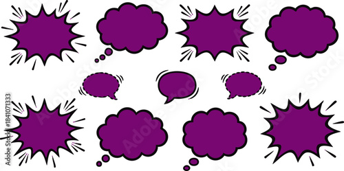 Vibrant purple speech and thought bubble vector set for expressing dialogue, discussions, and creative ideas, ideal for various communication concepts in digital design