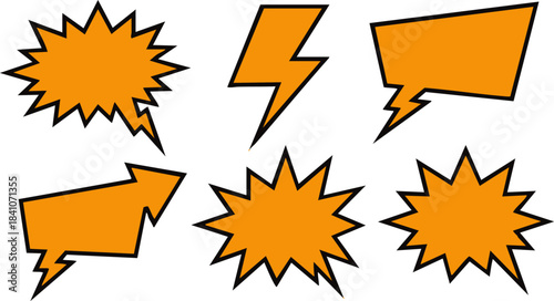 Vibrant collection of dynamic comic-style graphic elements, including orange speech bubbles, explosive starbursts, and a bold lightning bolt, perfect for impactful visual messaging