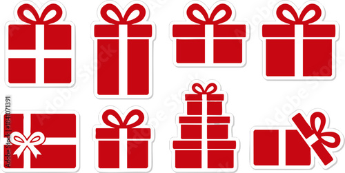 A collection of various red gift boxes with white ribbons and bows, perfect for celebrations and special occasions