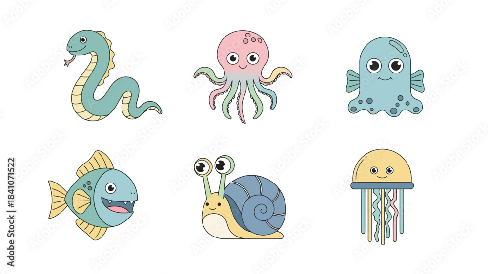 Fototapeta premium Colorful cartoon sea creatures and animals on a white background