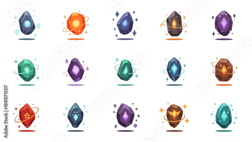 Collection of vibrant gemstones with shining effects perfect for design assets