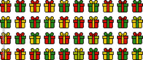 A grid of pixel art gift boxes in red, green, and yellow, perfect for holiday promotions and festive designs