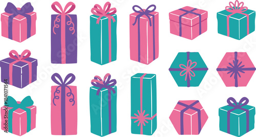 Vibrant collection of illustrated gift boxes adorned with decorative bows, perfect for celebrations, holidays, and special occasions, adding a festive touch to any design project