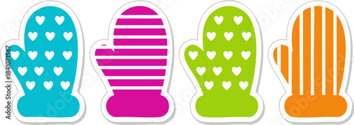 Cozy and colorful winter mittens graphic collection, showcasing various patterns including stripes and hearts, perfect for adding warmth and cheer to any cold-weather design