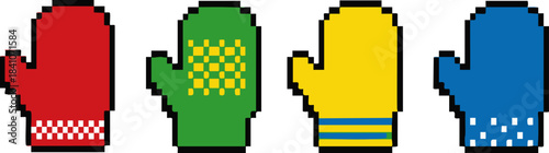 Pixel art mittens, a collection of four distinct winter handwear designs in vibrant colors and patterns