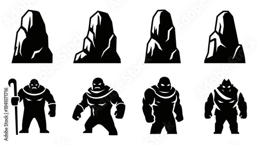 Black silhouette illustrations of rocks and strong humanoid figures