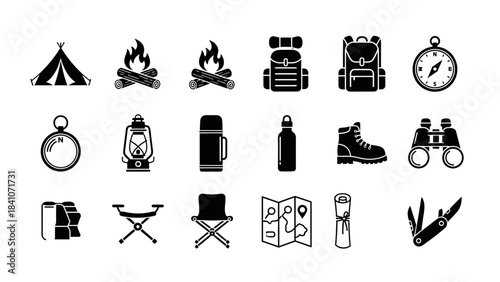 Camping and outdoor adventure equipment icons collection on white background