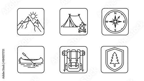 Camping and outdoor adventure icons in a simple black and white design
