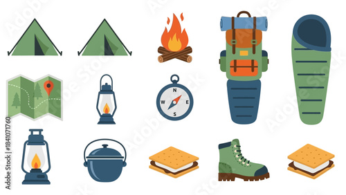 Camping equipment and outdoors adventure icons set for exploration