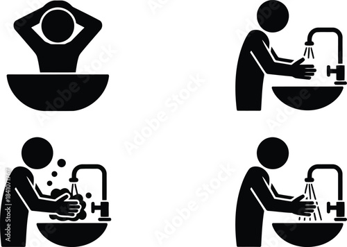 A collection of simple black icons illustrating personal hygiene actions like handwashing and bathing