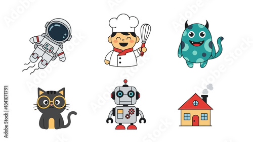 Cartoon characters set astronaut chef monster cat robot and house