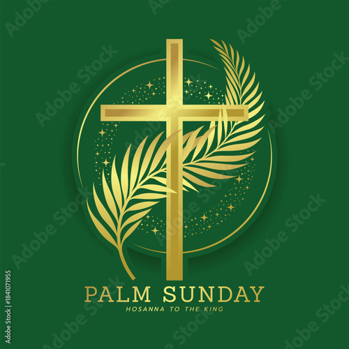 Palm sunday - Gold Cross sign on palm leaves curve on circle star light frame on green background vector design