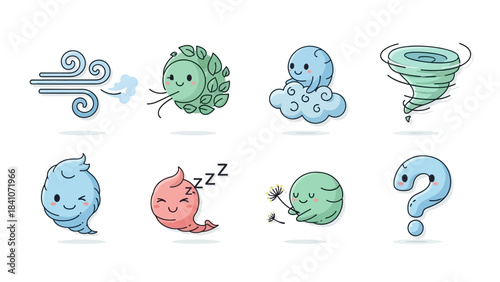 Cartoon weather icons depicting wind cloud tornado elements isolated