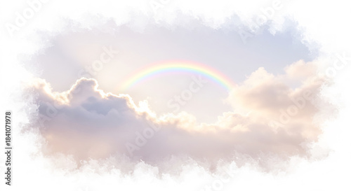 Rayons de soleil dor�s illuminant doucement un arc-en-ciel vibrant derri�re des nuages pastel Scene c�leste apaisante. AI Generated