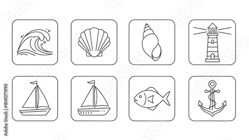Coastal icons wave seashells lighthouse sailboat fish and anchor designs