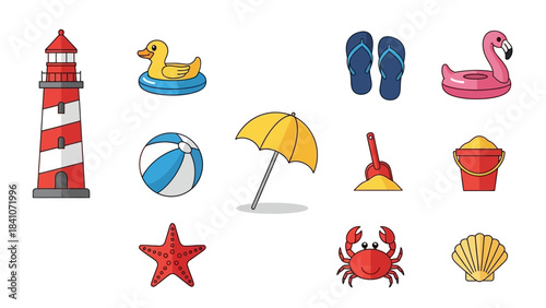 Coastal icons lighthouse beach accessories summer fun elements isolated