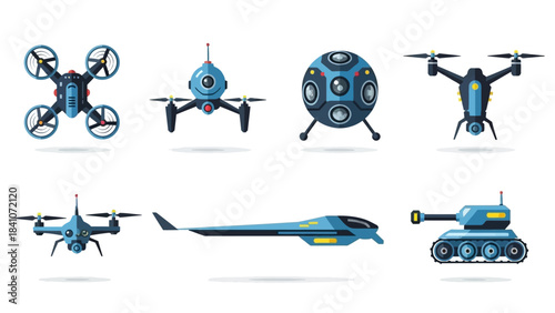 Collection of futuristic drones and vehicles vector illustration isolated