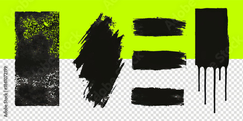Dripping black paint grunge brush stroke rectangular vector set on transparent background