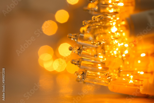 Close up view of lit christmas festive decoration lamps.