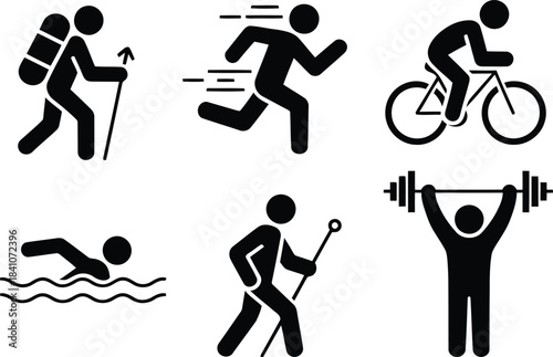 A collection of six stick figures engaged in diverse sports and recreational activities