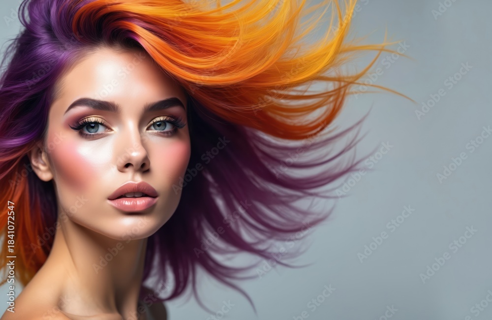 Naklejka premium Woman with vibrant multi colored hair in purple and orange. Creative makeup enhances her face. She poses with flowing locks in studio setting, radiating bold style and modern beauty.