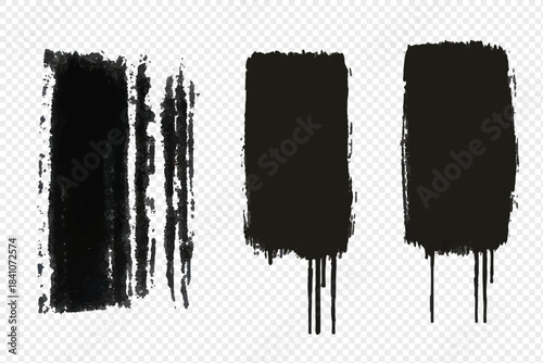 Dripping black paint grunge brush stroke rectangular vector set on transparent background