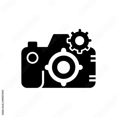 Camera with gear icon for settings adjustments on transparent background silhouette