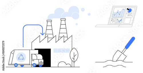 Environmental sustainability, pollution control, industrial processes, recycling, waste management, eco-friendly practices. A factory emitting smoke, recycling truck data graphs and trowel. Waste