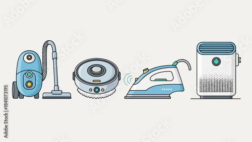 Household cleaning appliance icons vacuum robot mop iron air purifier smart home technology gadget illustration