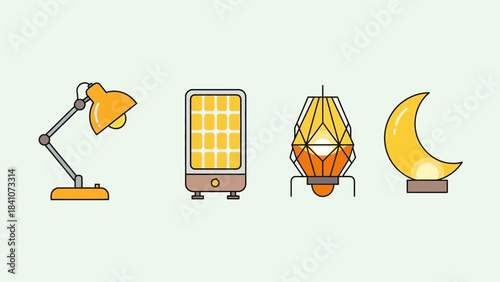 Desk lamp heater geometric lantern crescent moon light bulb illumination appliance collection icon set