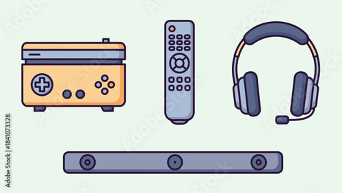 Gaming console remote control headset soundbar entertainment media electronics setup accessories collection