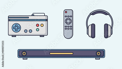 Gaming console remote headphones dvd player media entertainment electronics technology retro vintage setup accessories