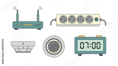 Router power strip smoke detector speaker digital clock electronic devices home security internet connectivity safety