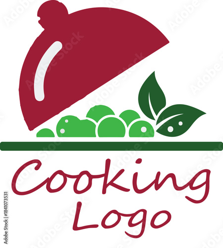 Cooking logo with cloche serving dome green food and leaf design for healthy kitchen branding and culinary identity