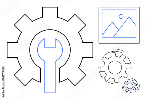 Maintenance, customization, system tools, photo editing, engineering concepts, digital design. Gear and wrench with an image icon. Maintenance and customization concept