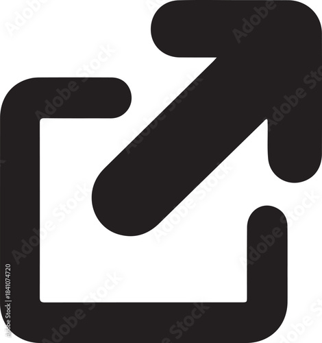 External Link Arrow Icon for Open or Launch Action, Bold up-right arrow emerging from a square, symbolizing external link, open in new tab, launch action, or outward navigation in digital interfaces.
