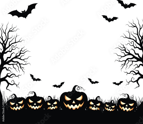 Halloween pumpkins bats trees silhouette vector background template eps
